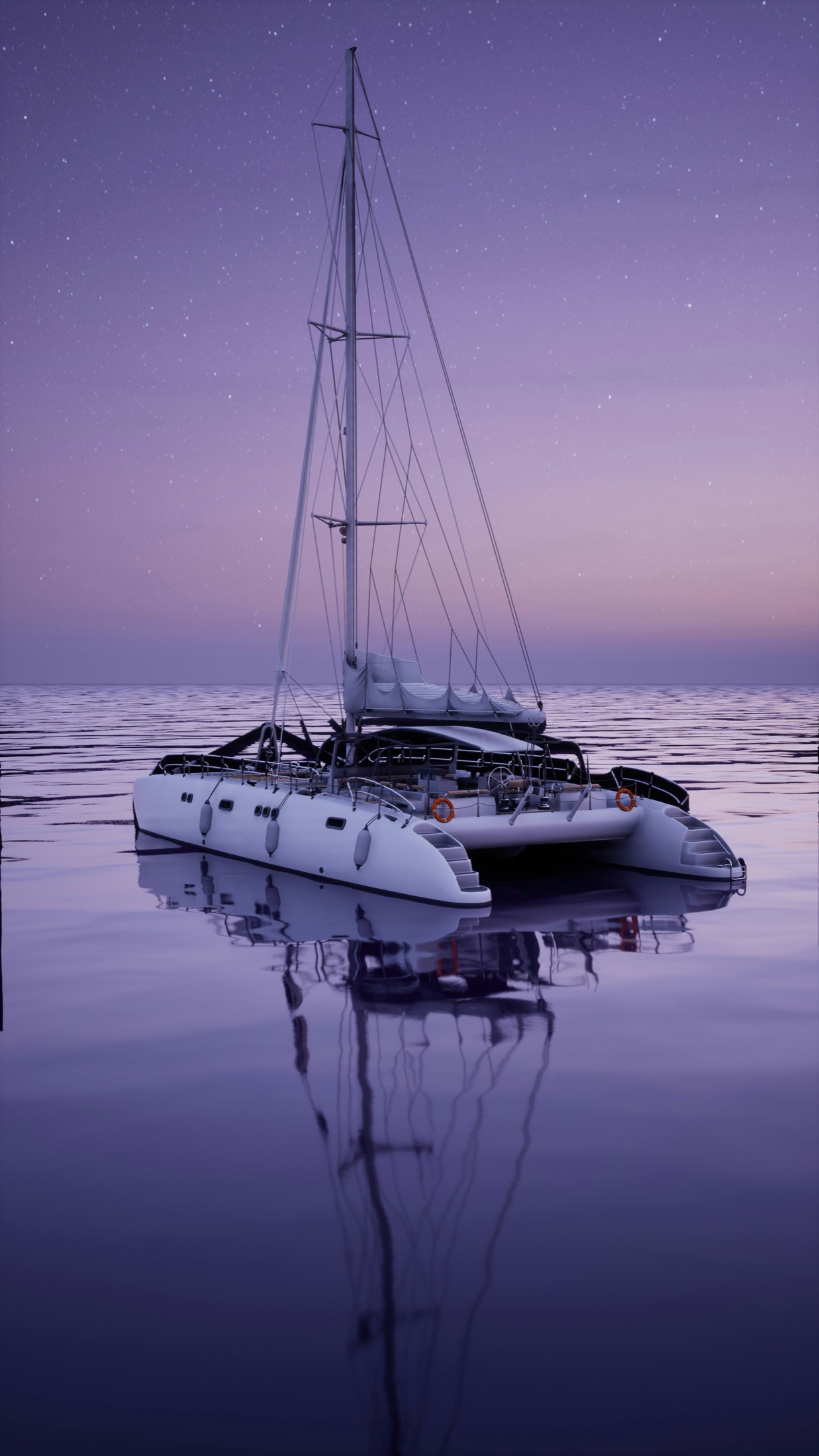 A catamaran yacht at twilight