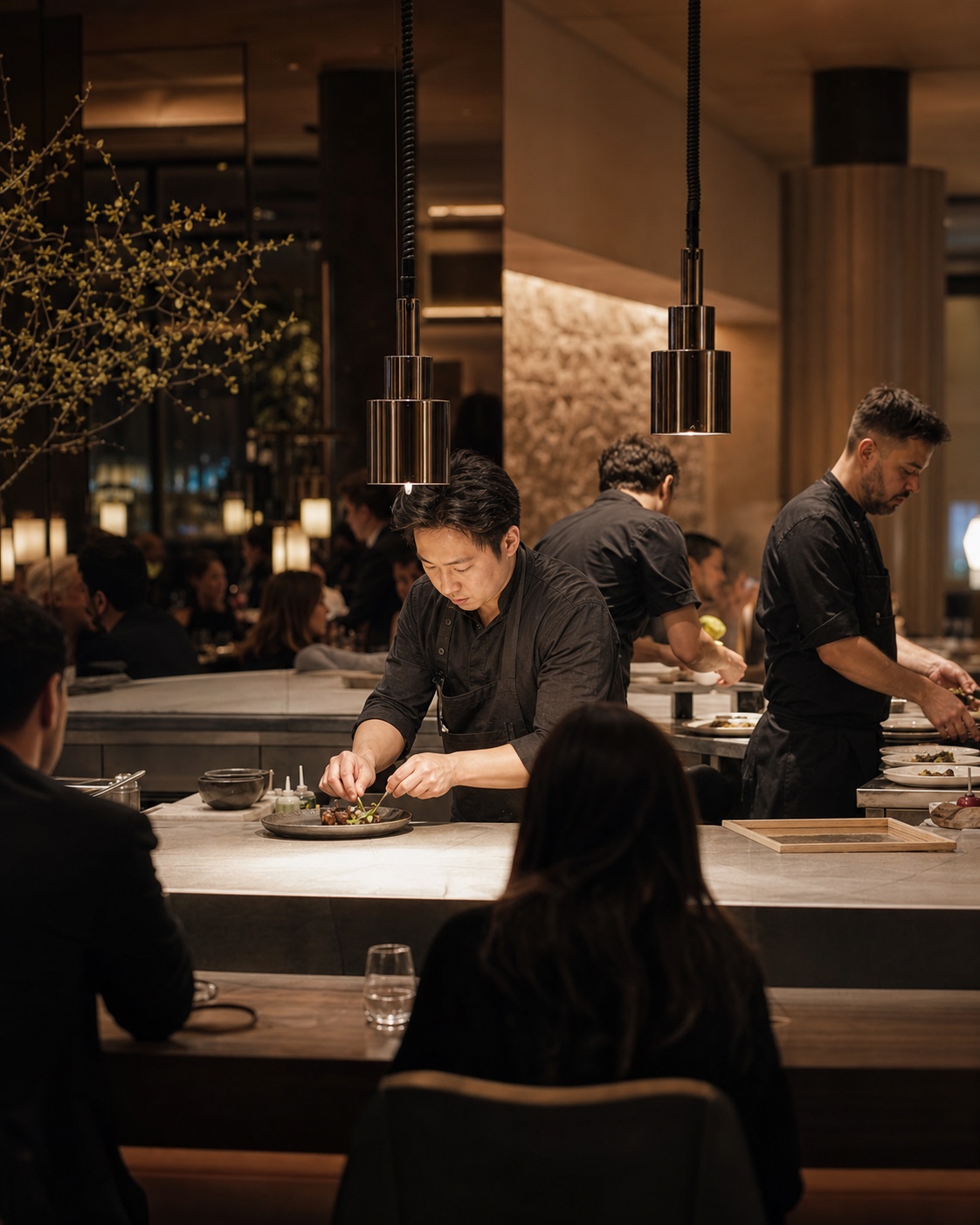 Chefs preparing dinner in an open fine-dining kitchen